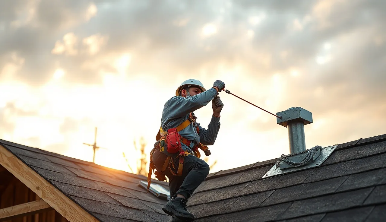 Worker in full-body harness connecting lifeline to roof anchor on residential construction site