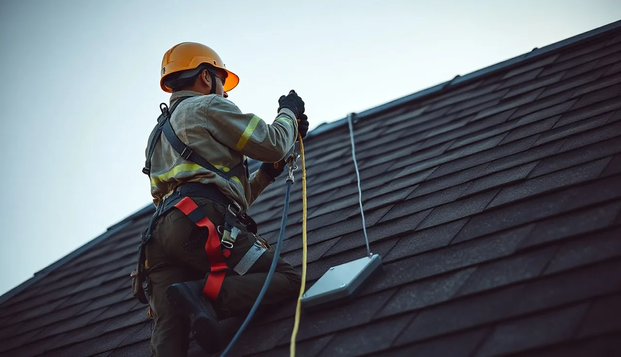 Worker in full-body harness attaching fall protection lifeline on a rooftop