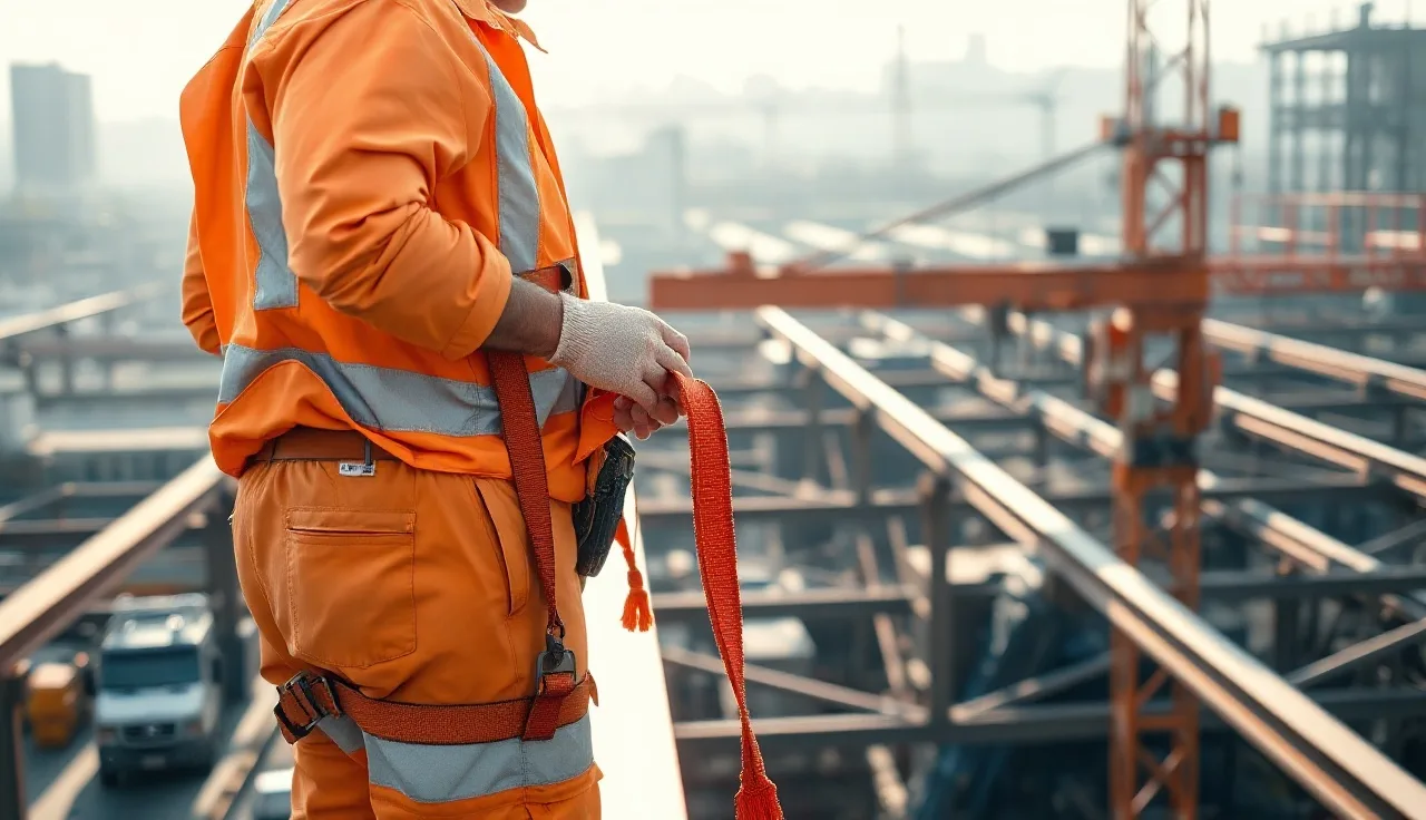 Worker inspecting a full-body fall protection harness on a steel beam at height