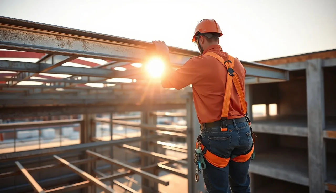 Construction worker attaching fall protection harness lanyard to steel roof anchor point