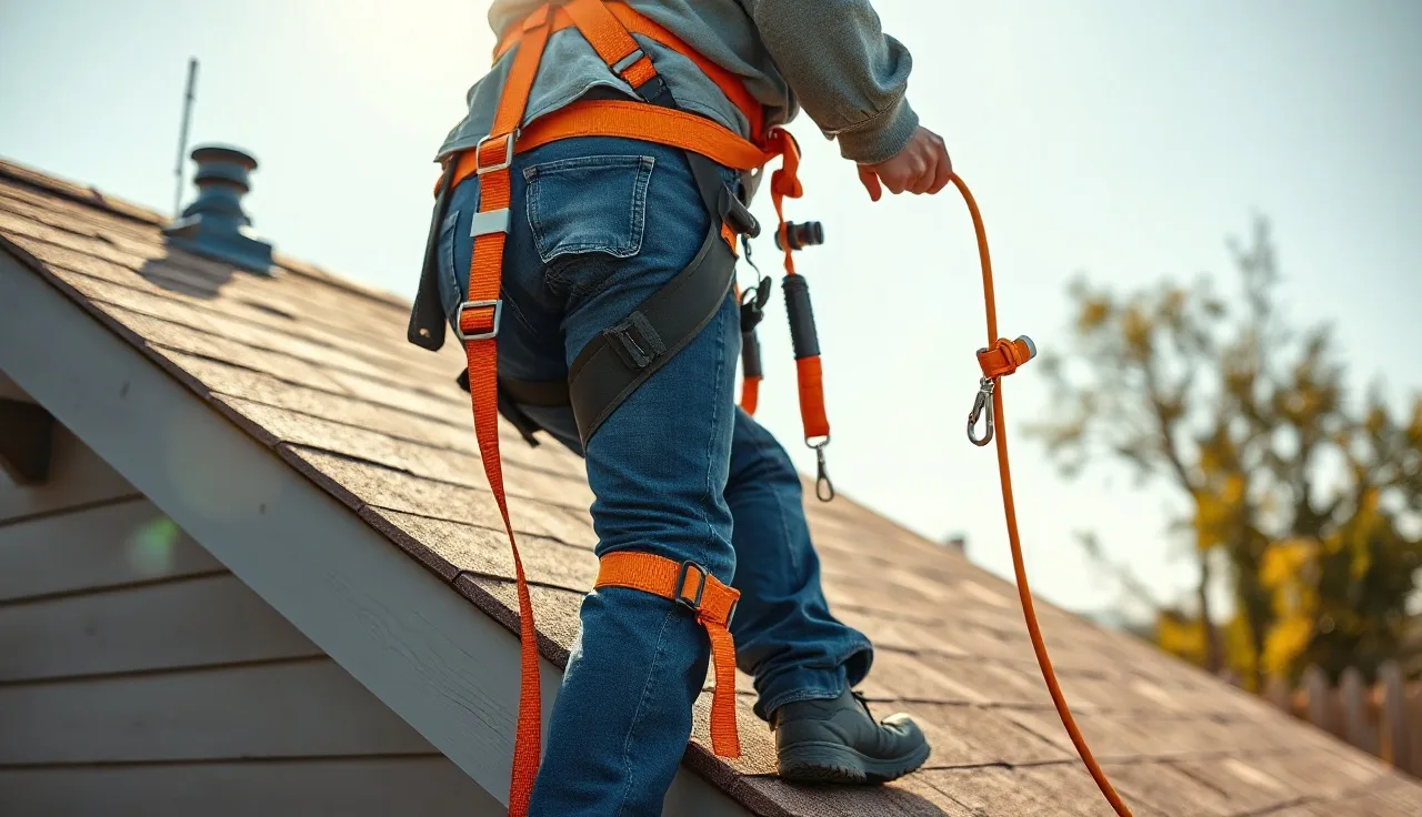 Worker in orange full-body harness using fall protection kit on residential roof