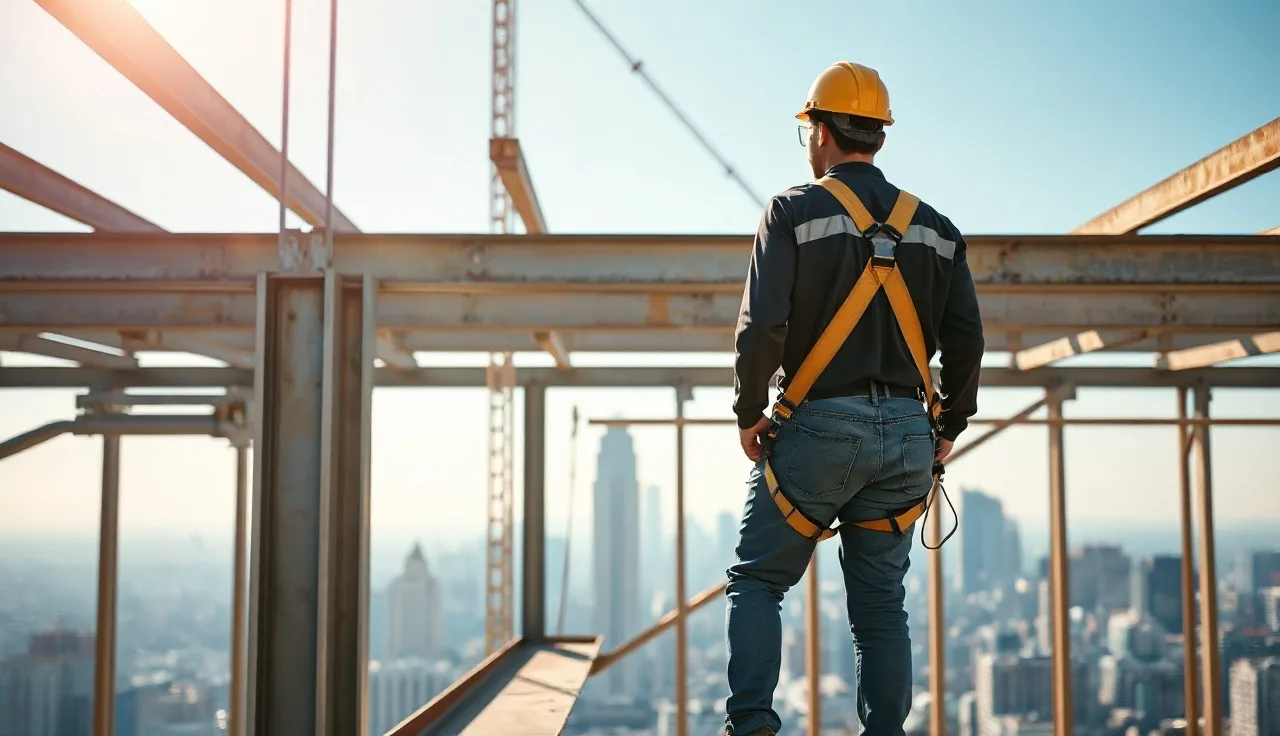 Construction worker in harness standing on steel beam high above city