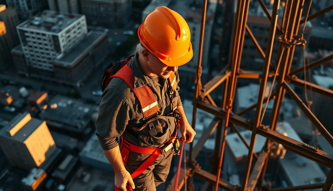 Worker in full-body harness clipped to lifeline on elevated steel beam