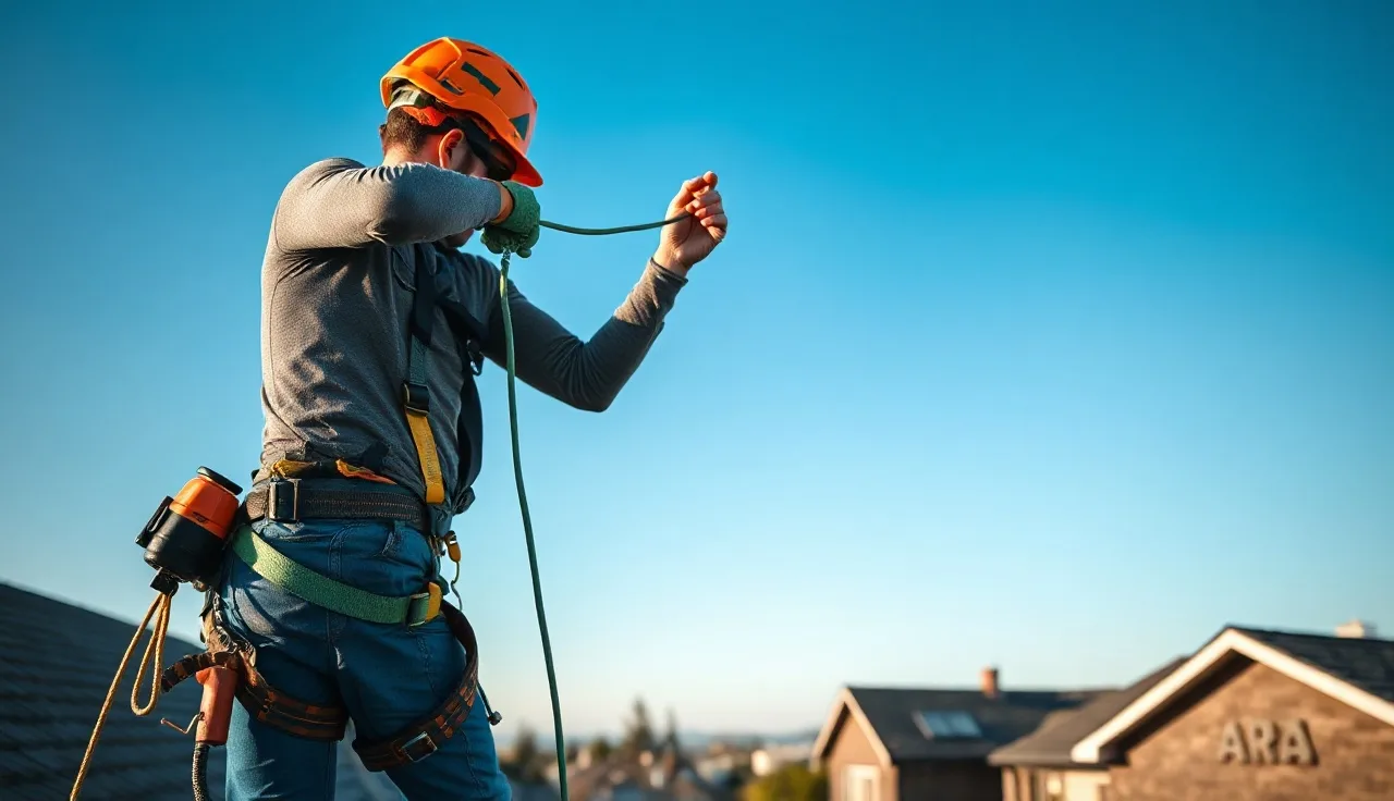 Worker in full-body harness connecting a self-retracting lanyard yoyo device to a roof anchor
