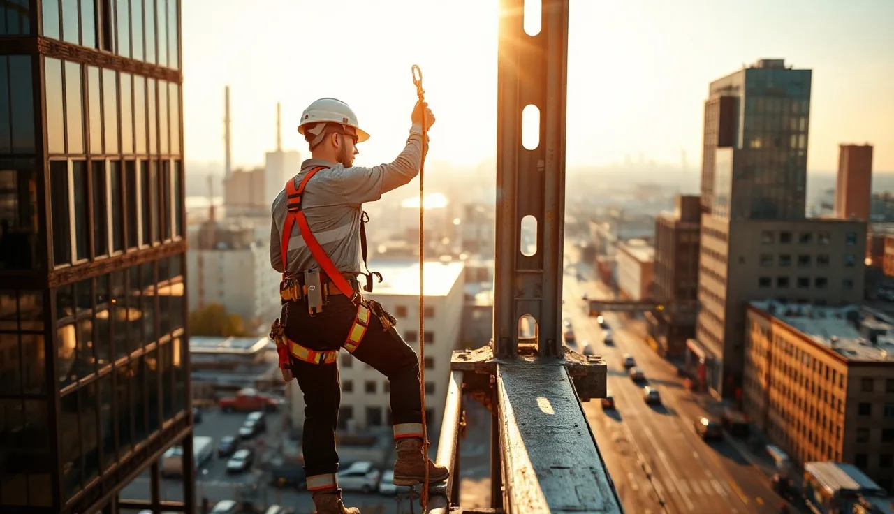 Worker wearing a full body harness clipped to a lifeline on a high steel beam