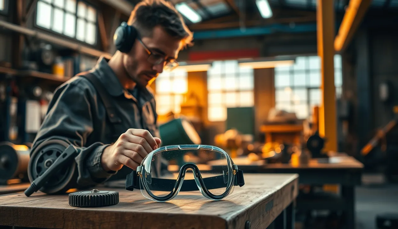 Worker inspecting chemical splash goggles on a metal shop workbench