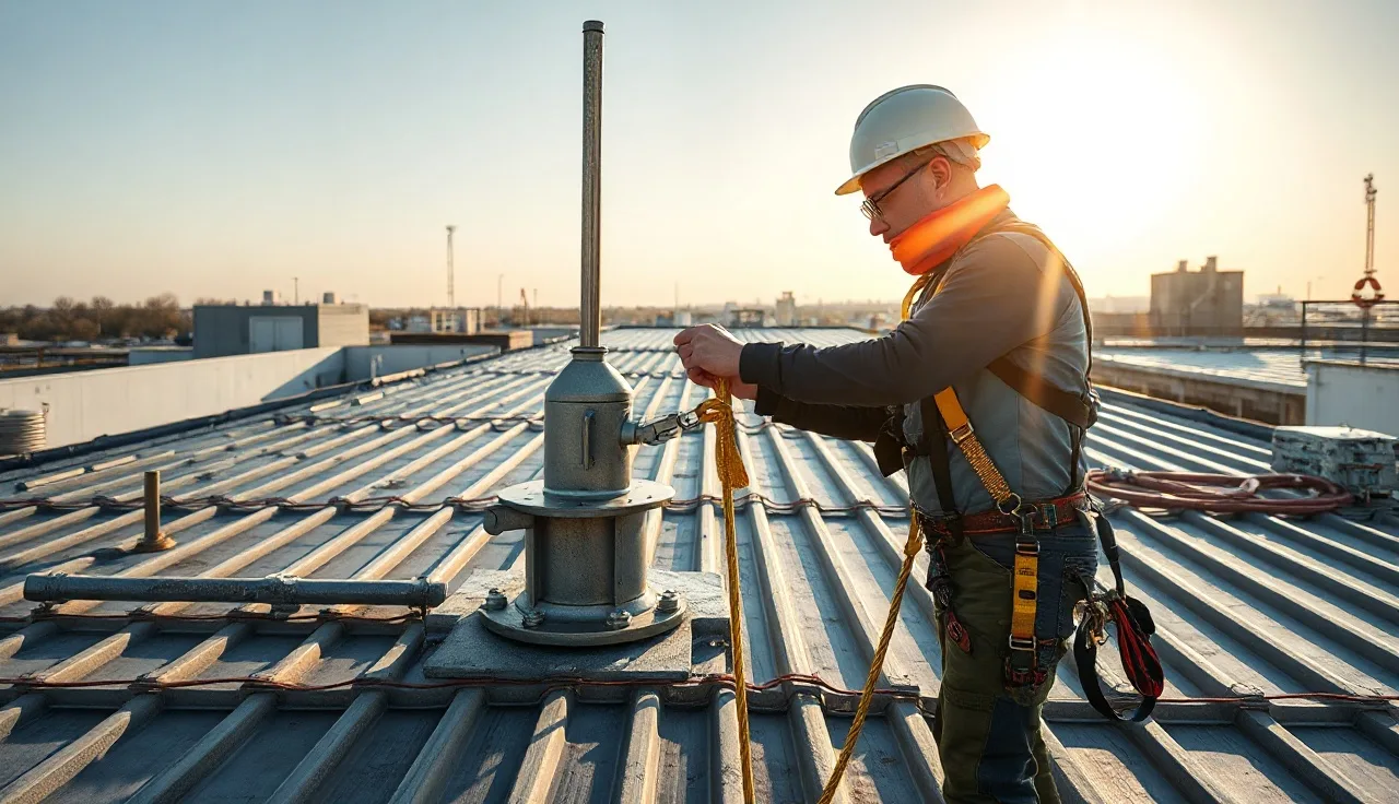 Worker in harness connecting a self-retracting lifeline to a roof anchor on an industrial building