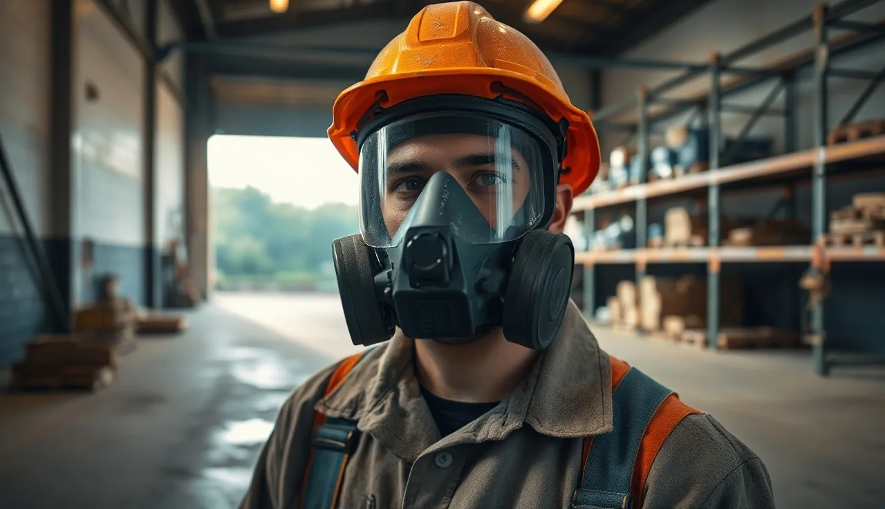 Worker wearing a half-face air-purifying respirator in a dusty industrial warehouse