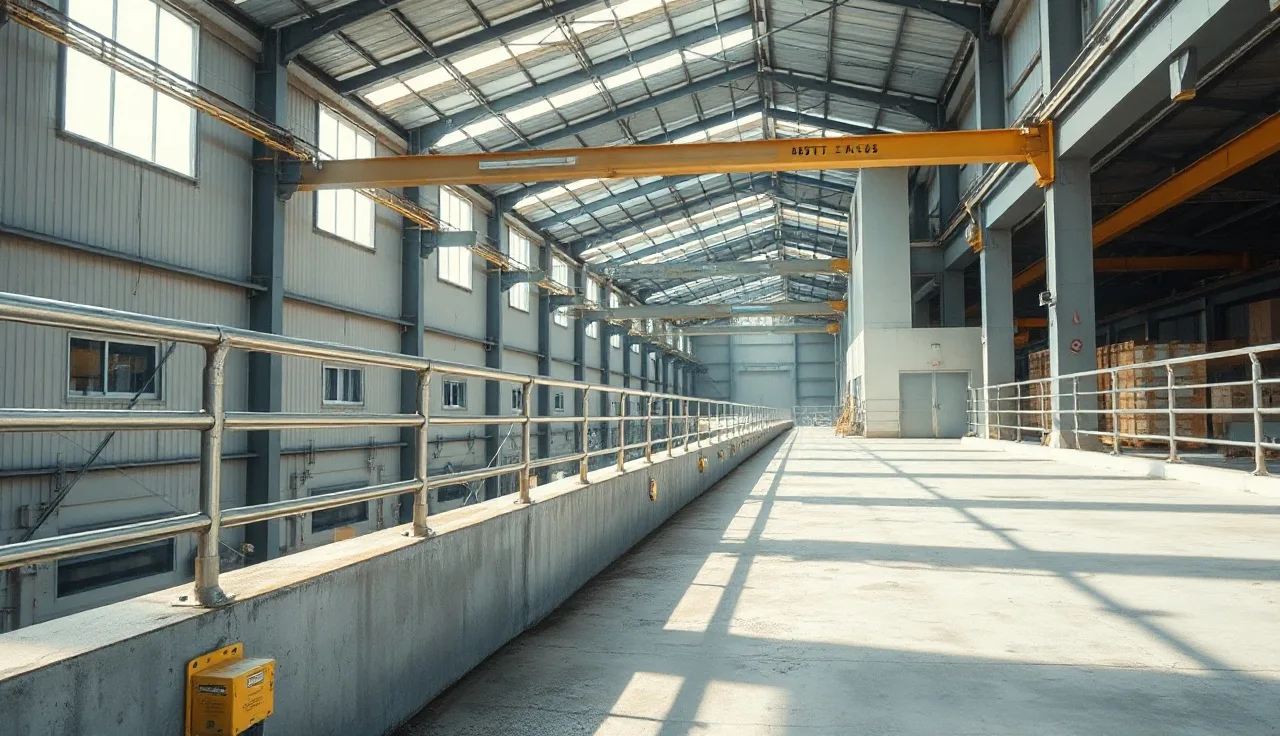 Steel guardrail system along a concrete mezzanine edge inside a warehouse