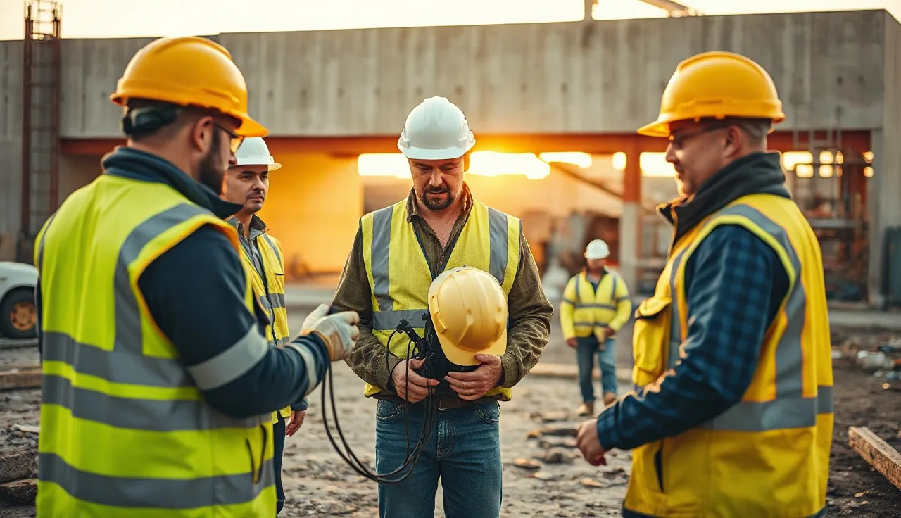 Supervisor showing workers how to inspect a hard hat during a toolbox talk
