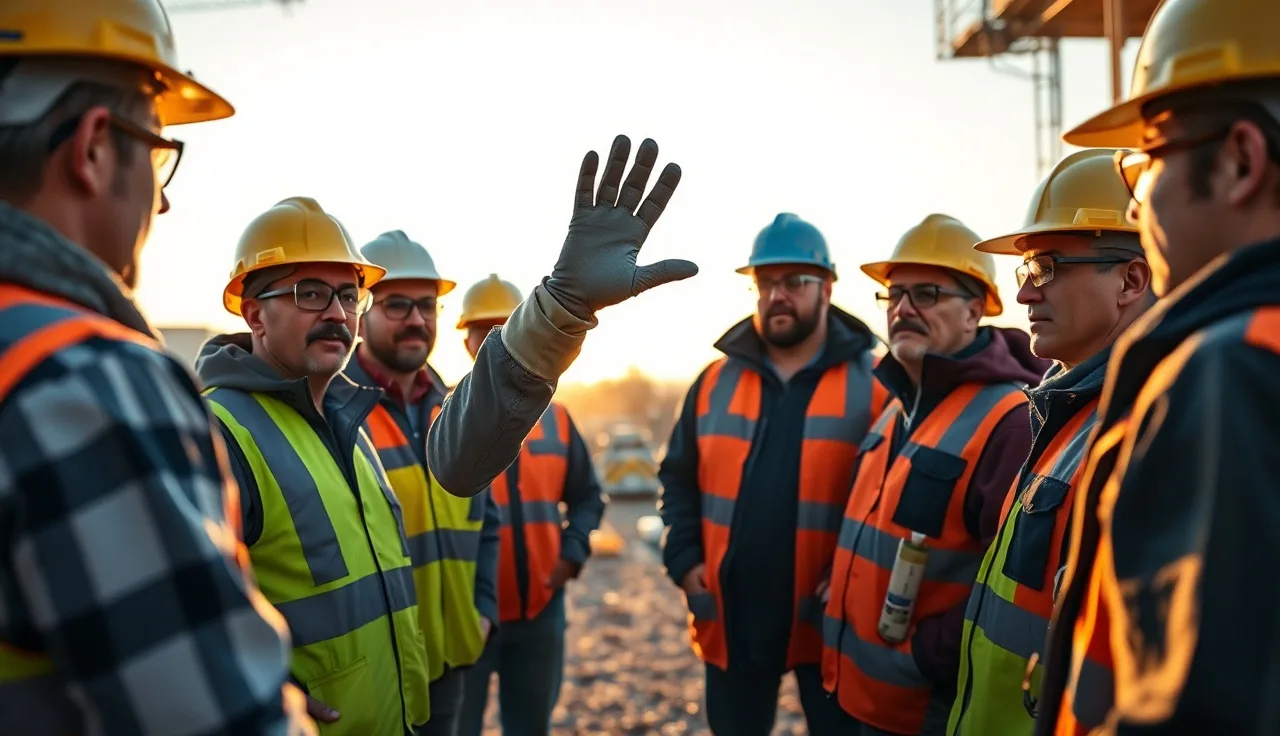 Construction crew in PPE gathered for a morning toolbox talk on a job site