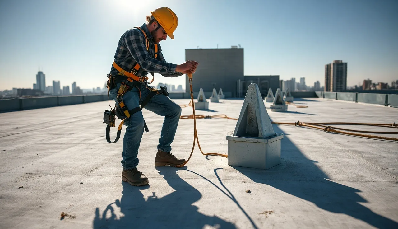 Worker in safety harness inspecting a roof fall protection anchor on a flat commercial rooftop