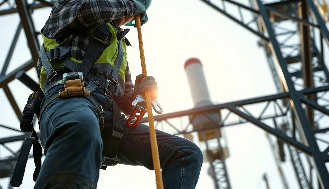 Worker attaching a rope grab to a vertical lifeline on a steel structure