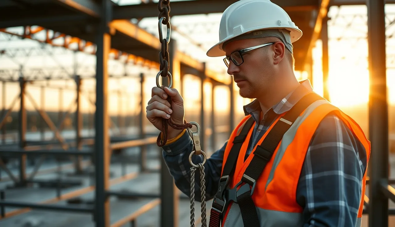 Worker in hard hat and safety vest inspecting a fall arrest harness on a job site