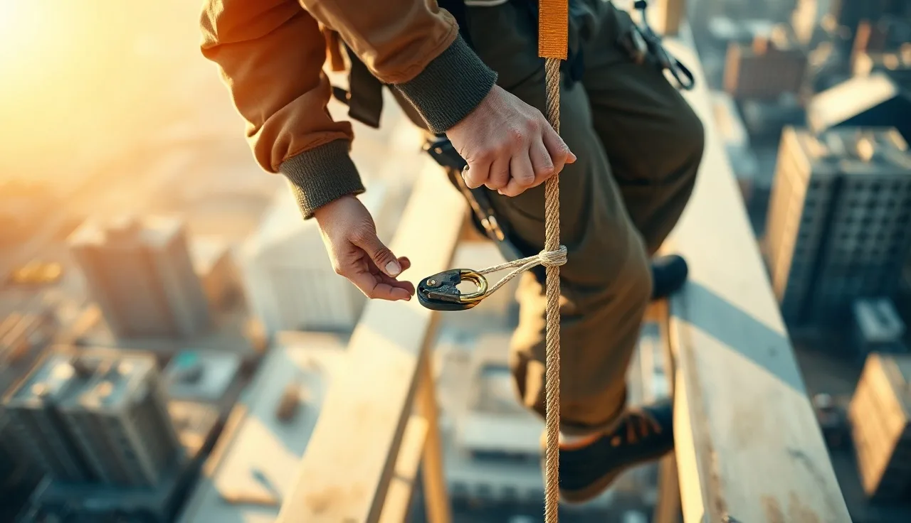 Worker attaching a self-retracting lifeline to a safety harness on a steel beam