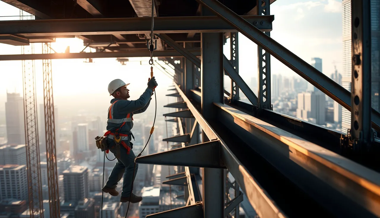 Construction worker attaching a self-retracting lanyard to an overhead anchorage on an elevated steel beam