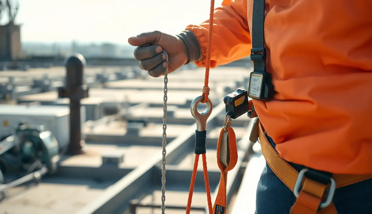 Worker clipping a fall arrest harness lanyard to a steel beam anchor on a rooftop