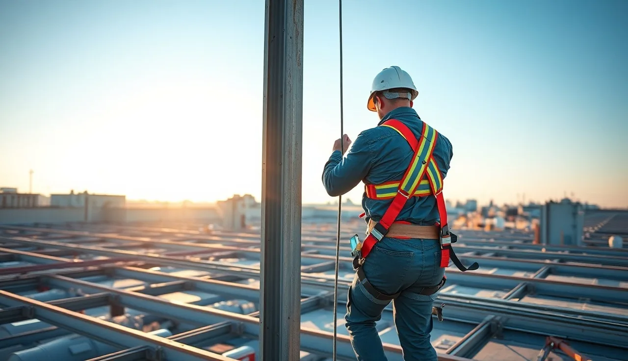 Worker wearing a full-body fall arrest harness attached to a steel beam at height