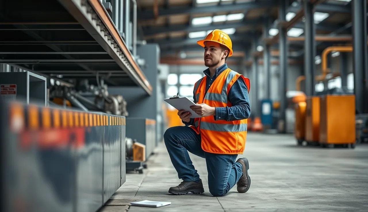 Supervisor writing corrective action notes on clipboard beside industrial equipment