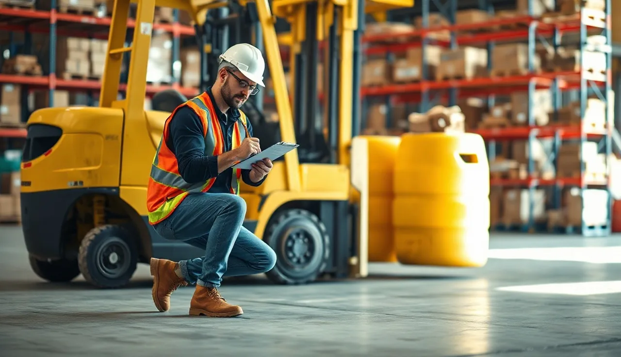 Supervisor filling out a daily incident report on a clipboard near a forklift in a warehouse
