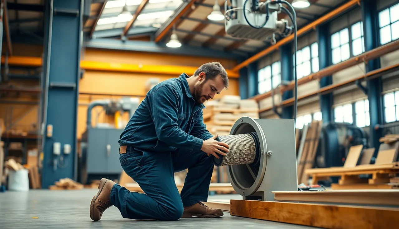 Technician inspecting a dust collector filter cartridge inside an industrial woodworking facility