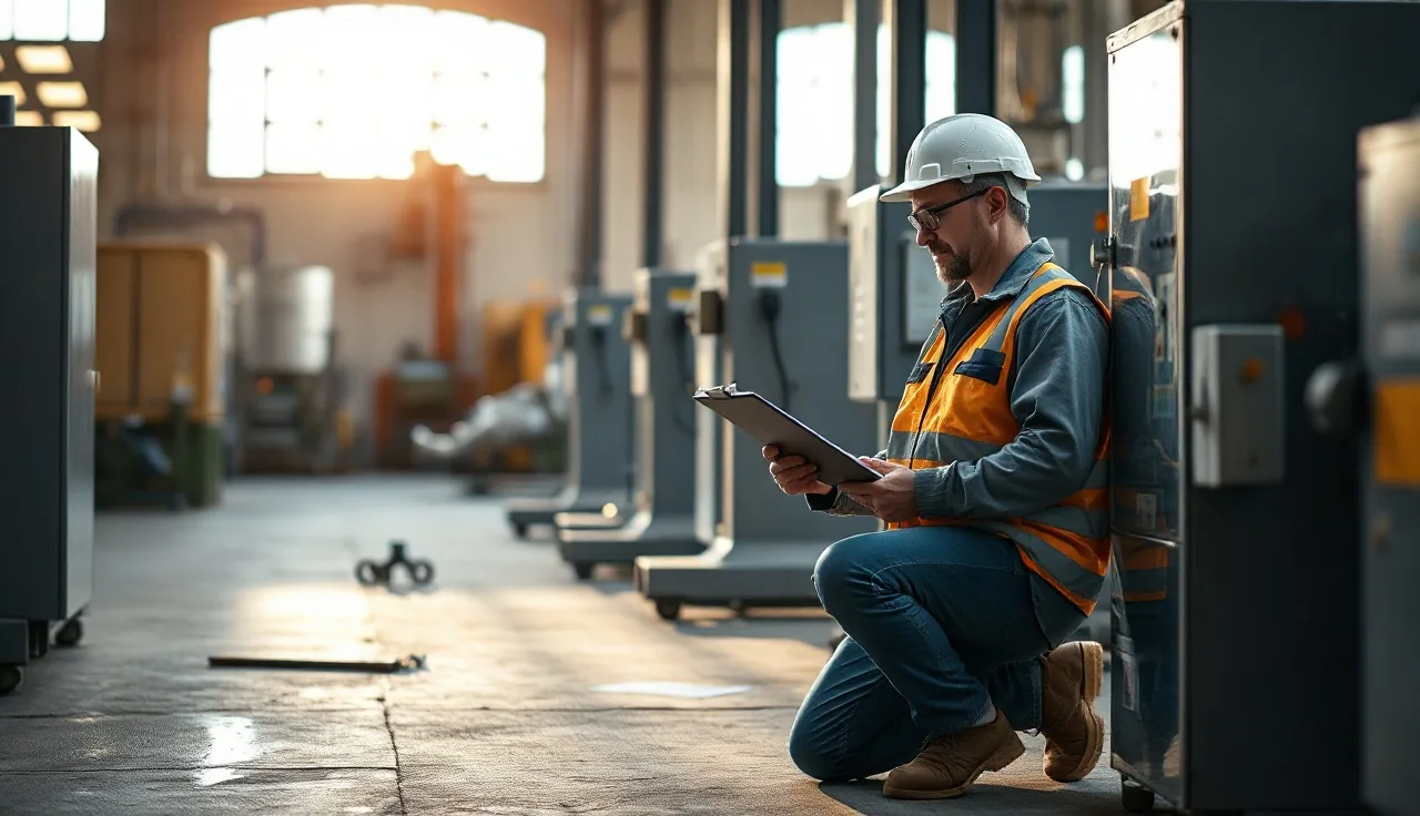 Safety manager documenting an incident near industrial equipment on a manufacturing floor