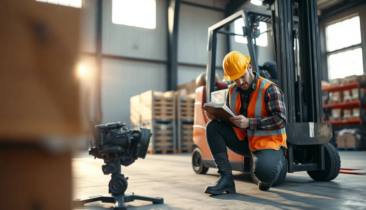 Warehouse worker completing an incident report on a clipboard near a forklift