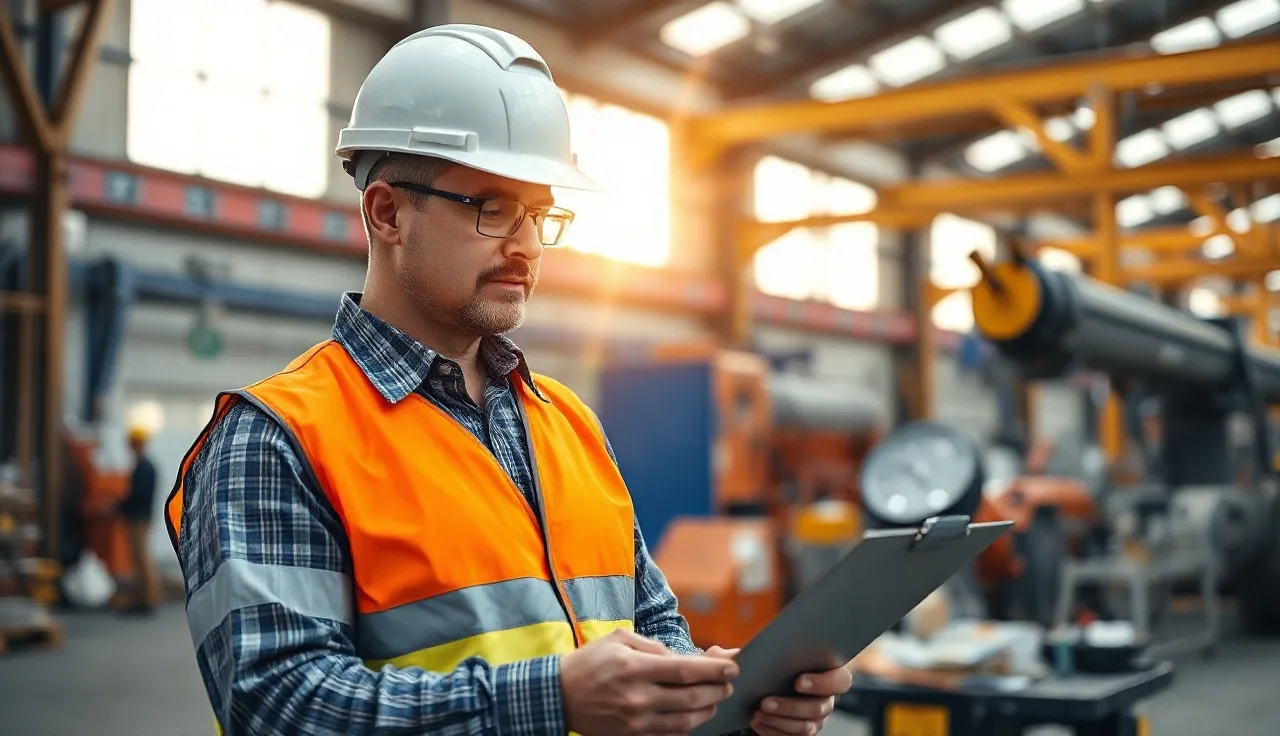 Safety manager reviewing training documentation on a clipboard in a manufacturing facility