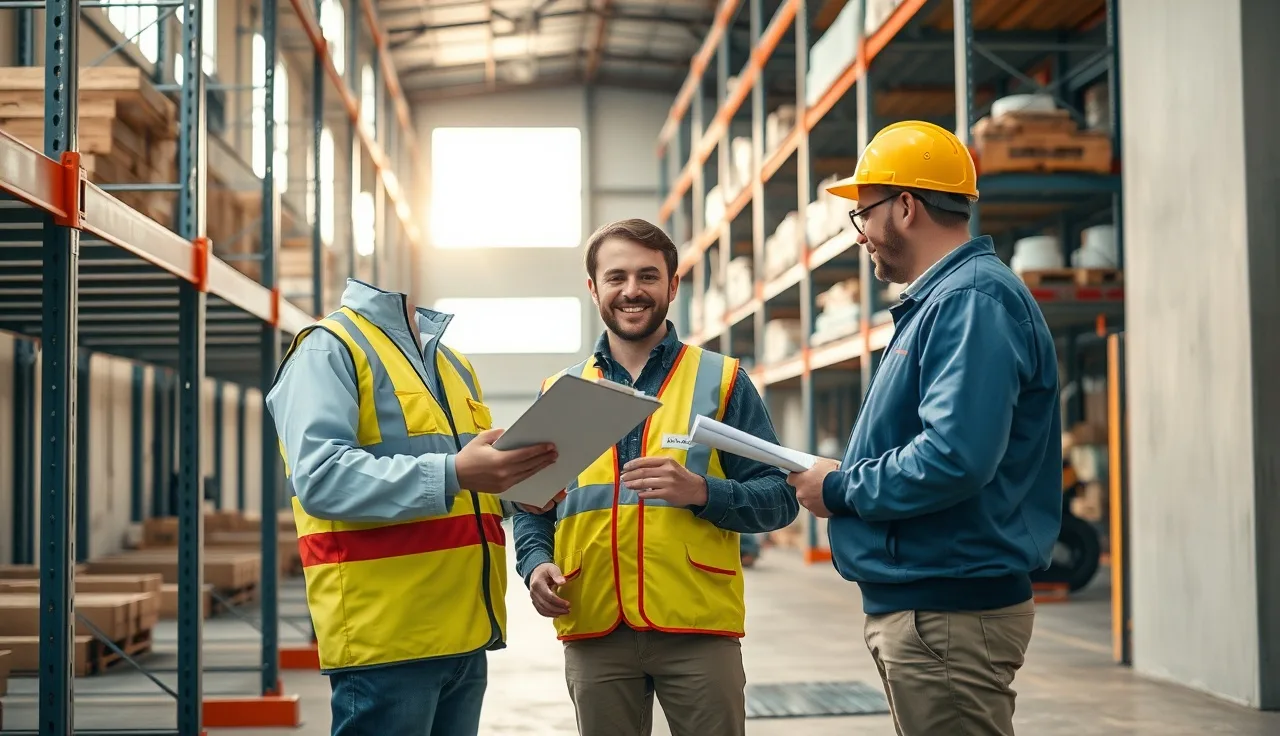 Warehouse supervisor reviewing safety training sign-in sheets with two workers