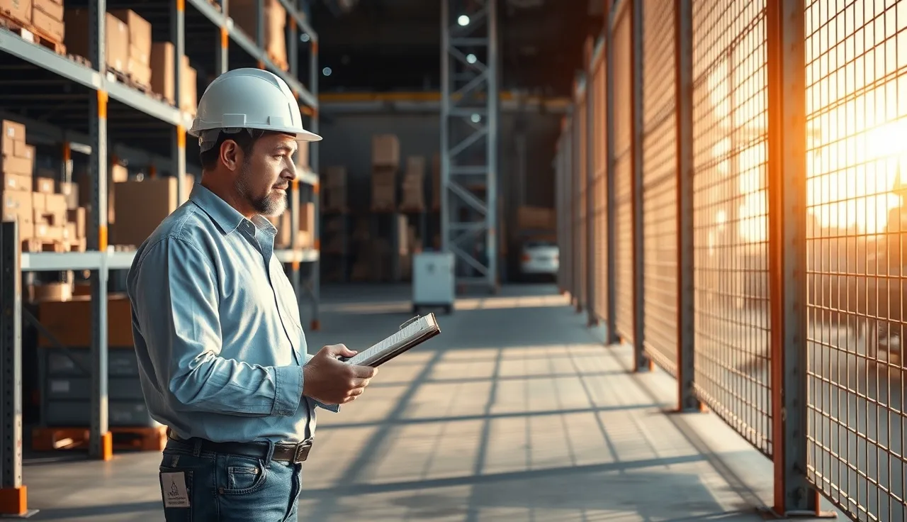 Warehouse supervisor with clipboard reviewing safety documentation notes in industrial aisle