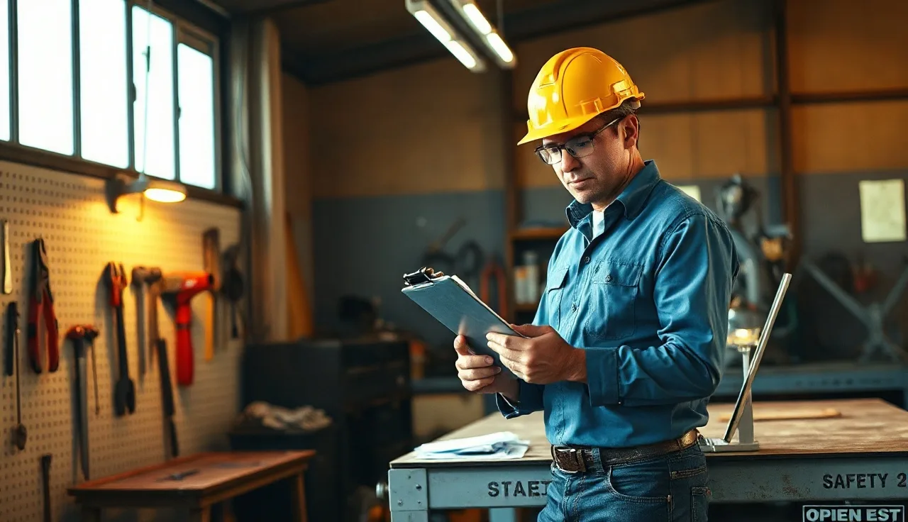 Safety officer reviewing injury log clipboard at metal workshop workbench