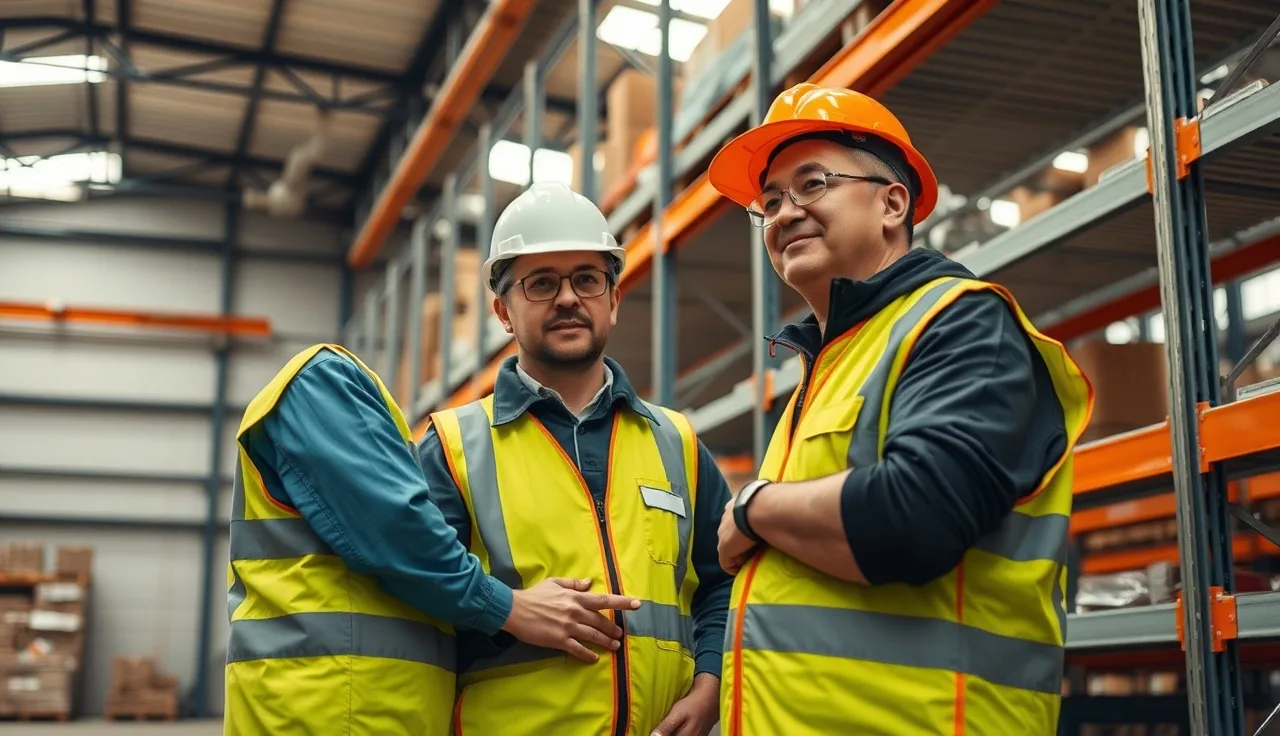 Two warehouse workers examining a shelving unit after a near-miss incident