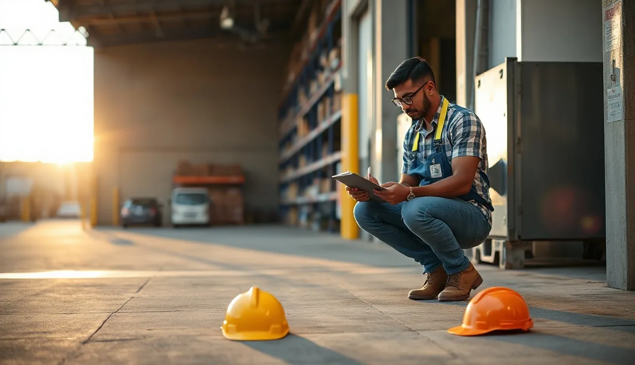 Warehouse supervisor writing an incident report on a clipboard at a loading dock