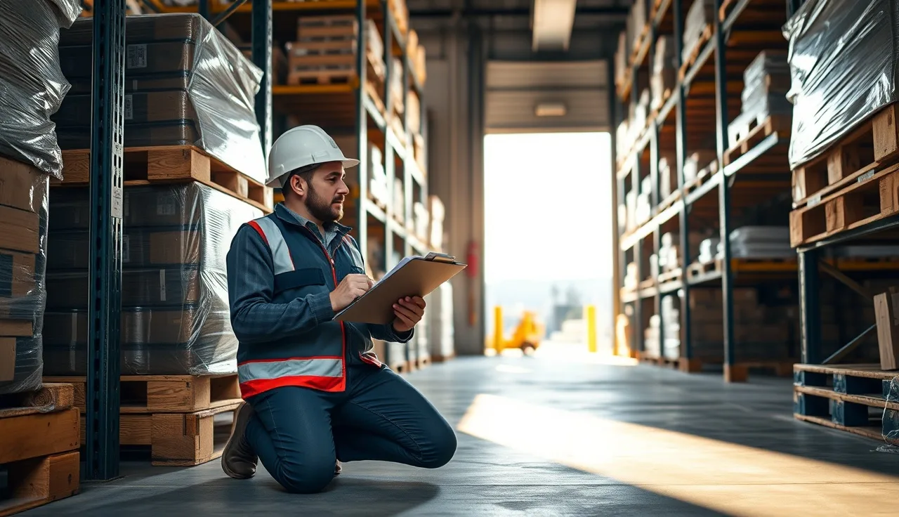 Warehouse supervisor reviewing safety inspection checklist near pallet rack