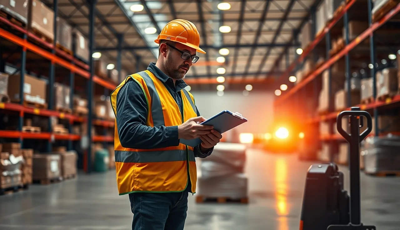 Warehouse worker filling out a safety report near a pallet jack on a concrete floor