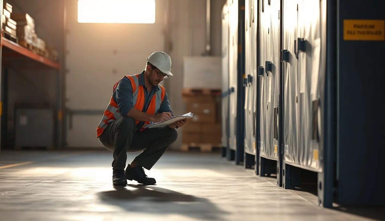 Warehouse supervisor kneeling and taking notes during a workplace accident investigation