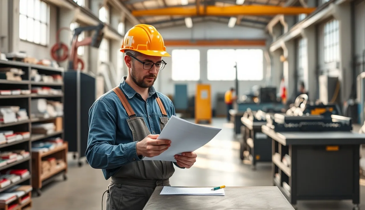 Two workers in hard hats reviewing a safety checklist on a manufacturing floor