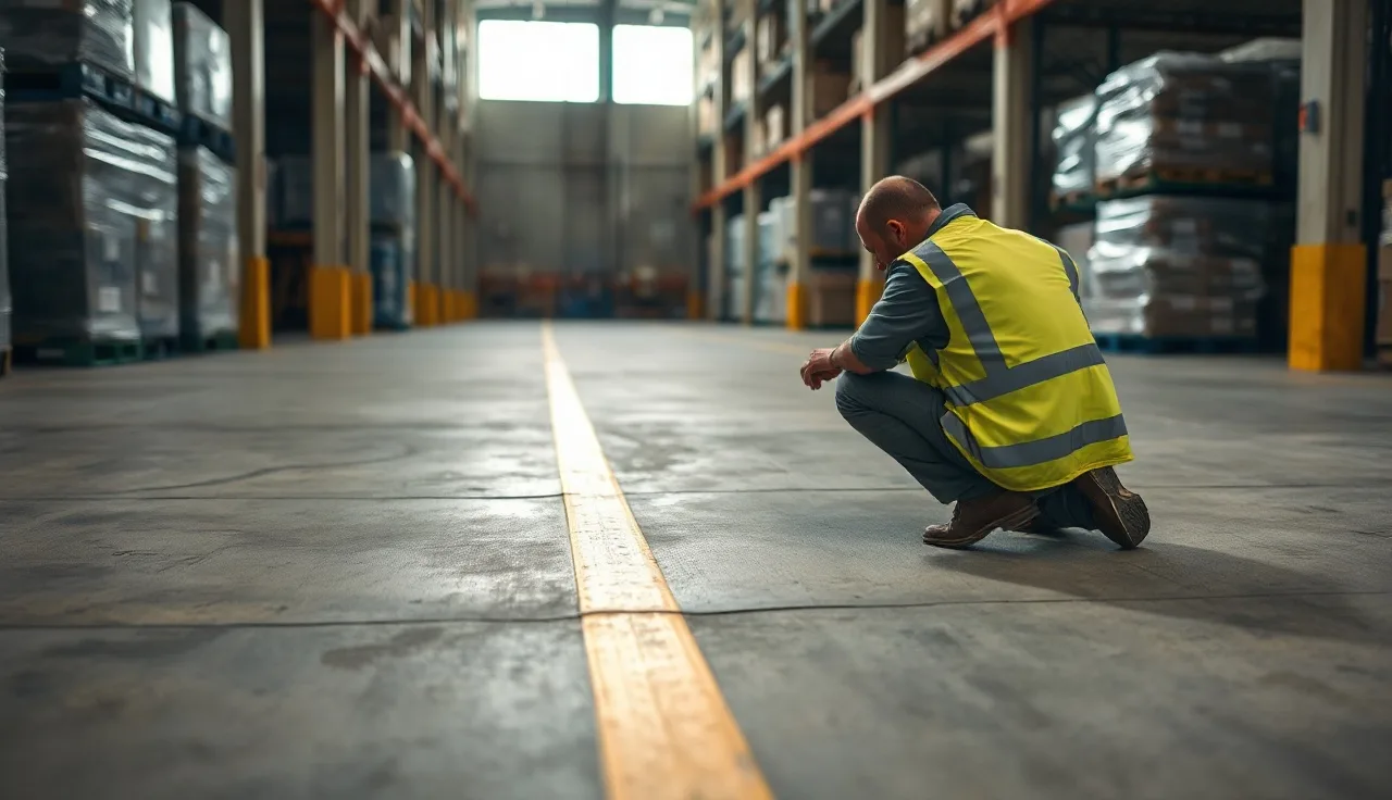 Supervisor examining a warehouse floor during a workplace incident investigation