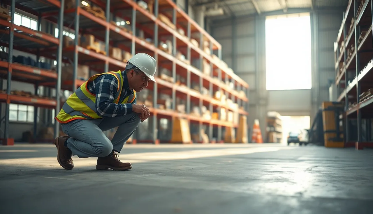 Safety supervisor inspecting a warehouse floor after a workplace incident