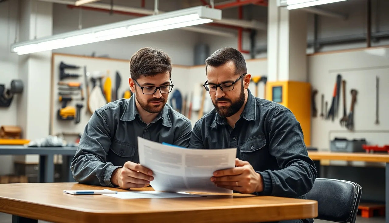 Supervisor and worker reviewing an incident report form together at a factory break room table