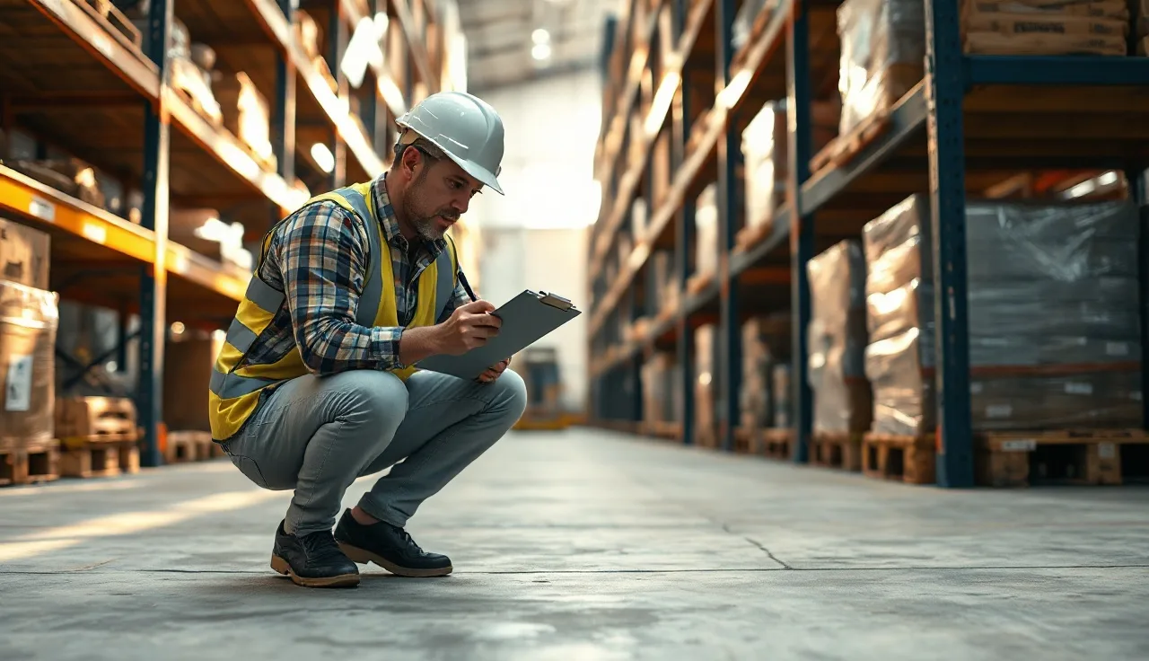 Warehouse supervisor examining floor and taking notes on incident reporting