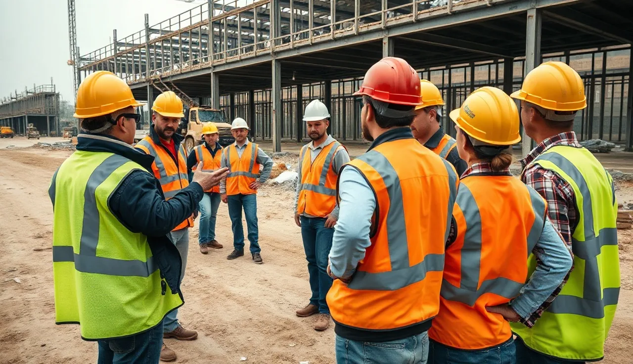 Construction crew gathered for a morning toolbox talk at an active job site