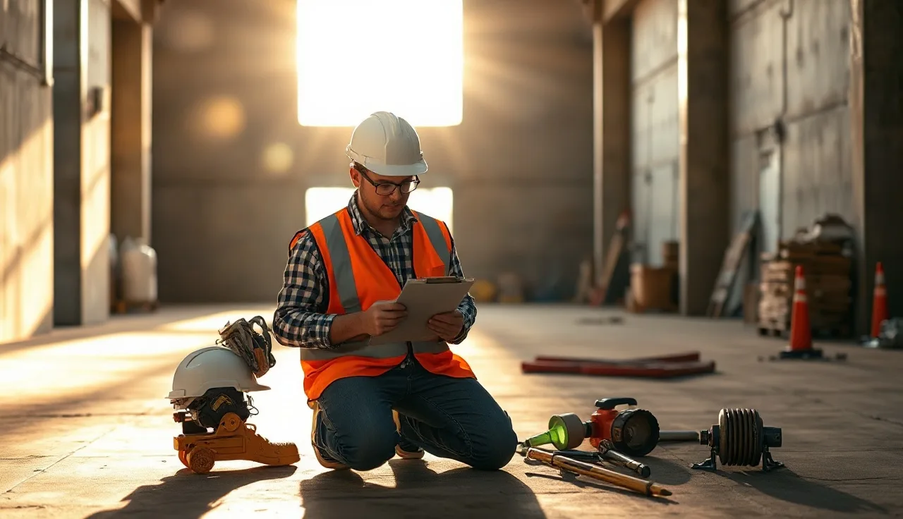 Safety officer and worker reviewing an incident report on a warehouse floor