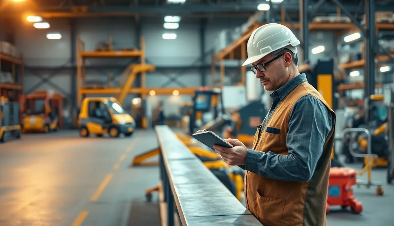 Supervisor reviewing injury log clipboard on small manufacturing floor