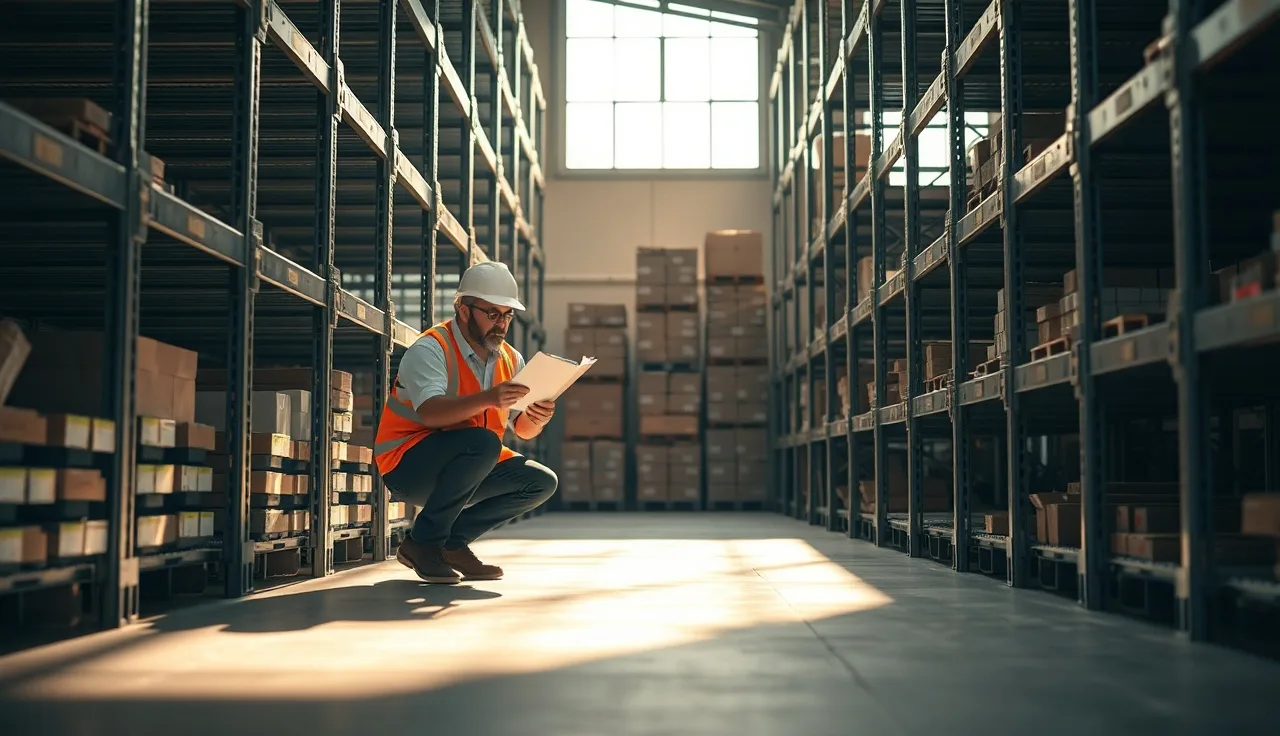 Warehouse supervisor reviewing safety inspection checklist on clipboard near metal shelving