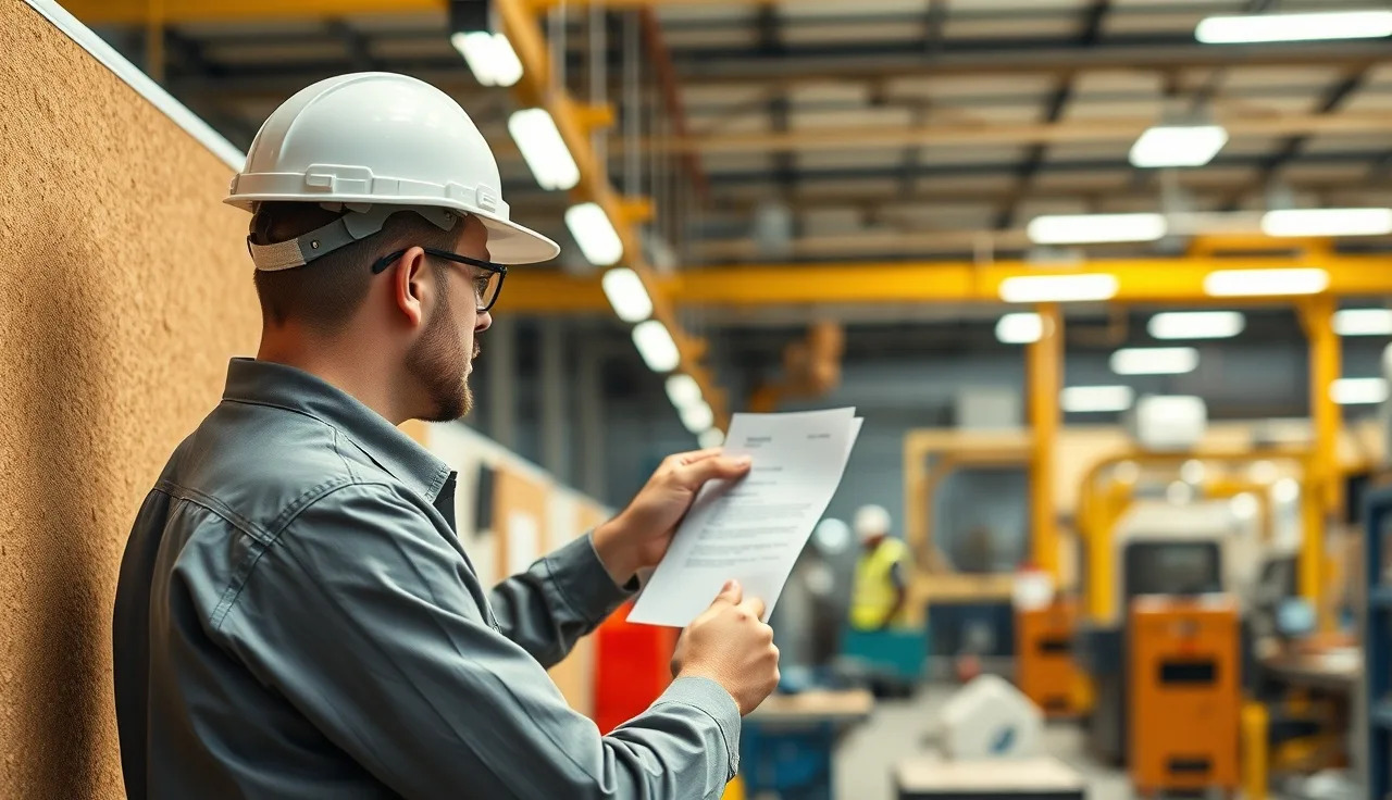 Safety manager posting a document on a workplace bulletin board in a factory