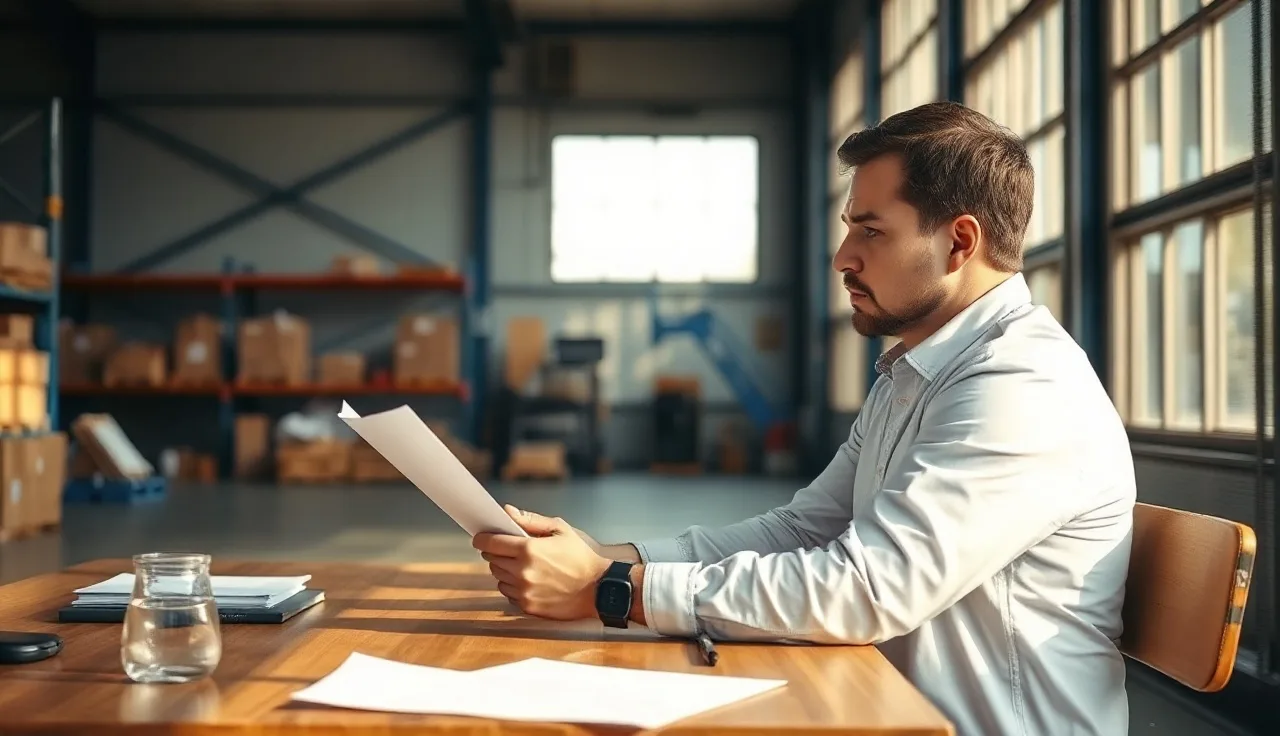 Warehouse supervisor reviewing incident report paperwork at a desk in a warehouse