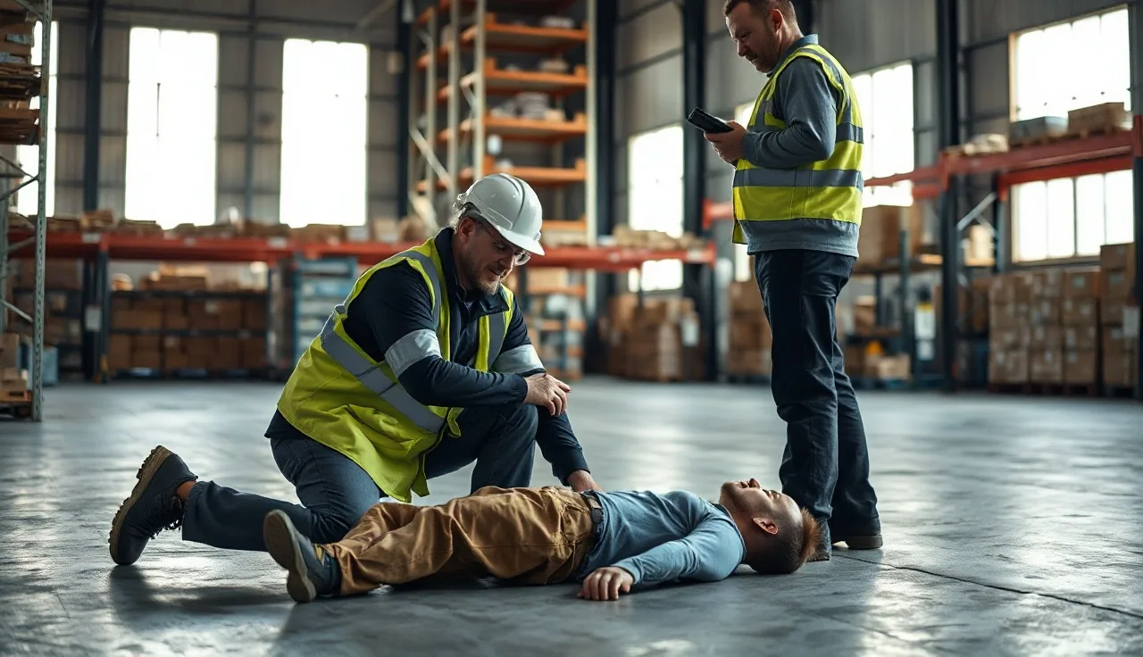 Warehouse supervisor kneeling beside an injured worker on a concrete floor