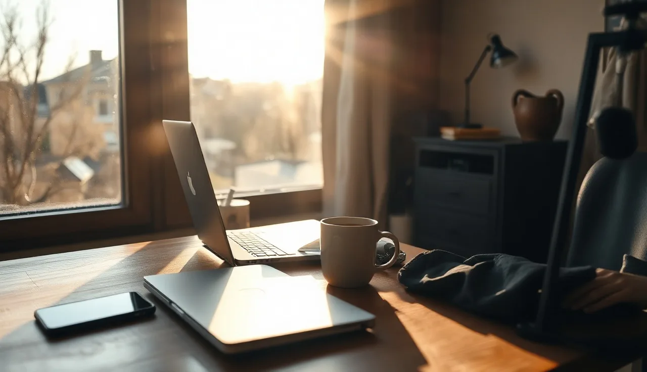 Person working at a home office desk near a sunlit window