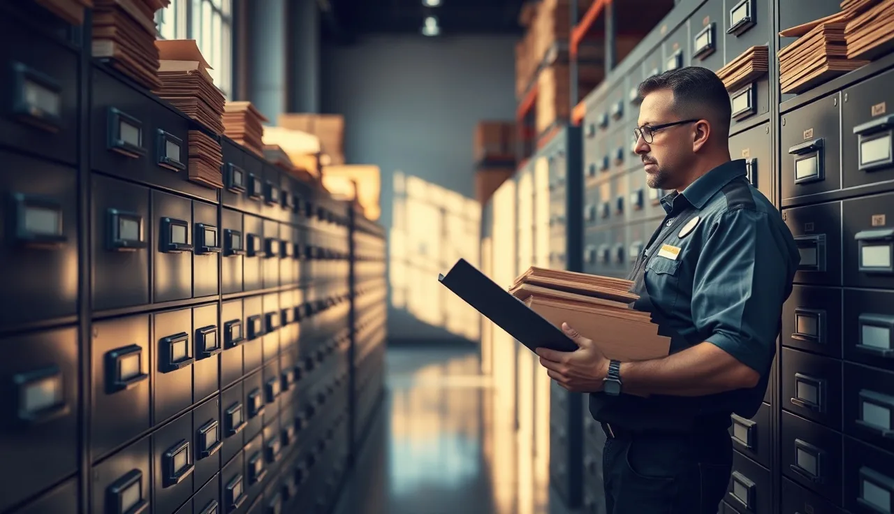 Safety manager reviewing organized filing cabinets containing OSHA recordkeeping documents